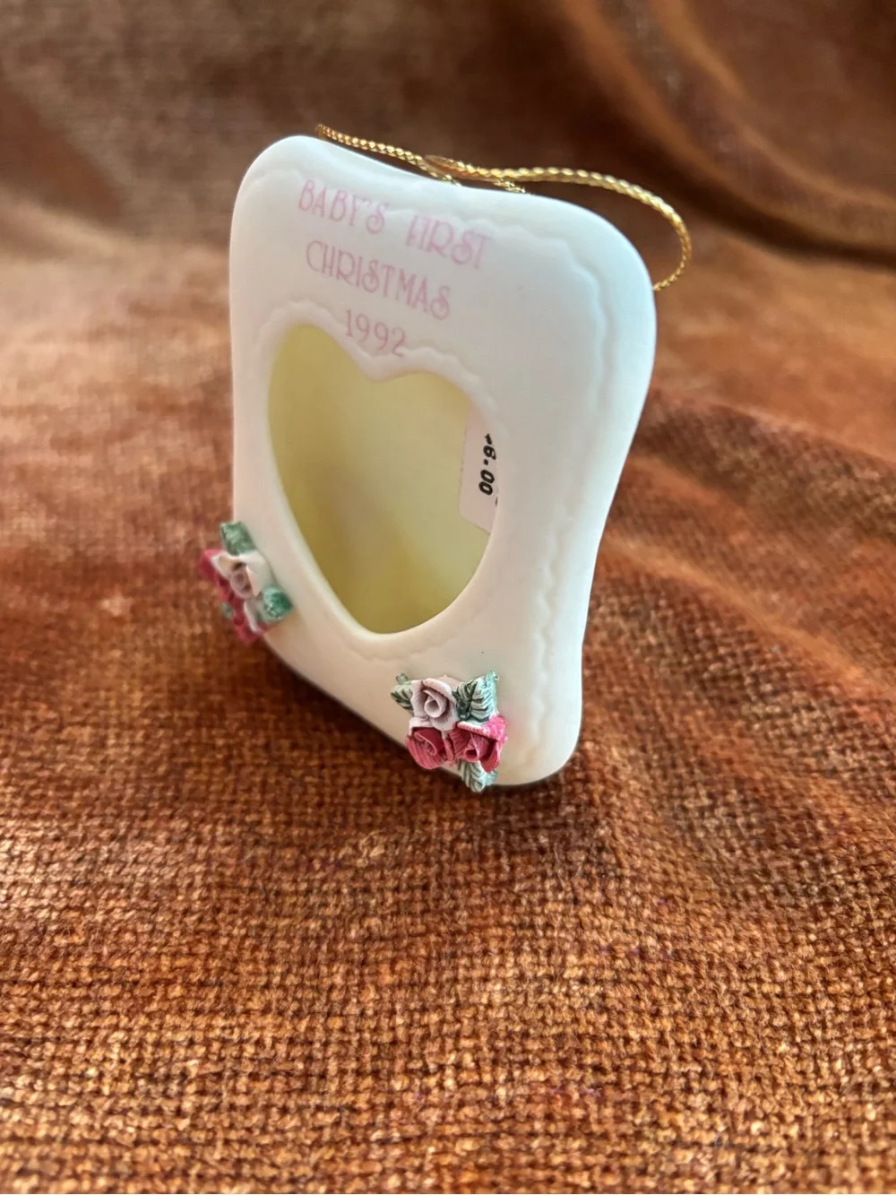 Baby's First Christmas 1992 Porcelain Heart Frame Ornament